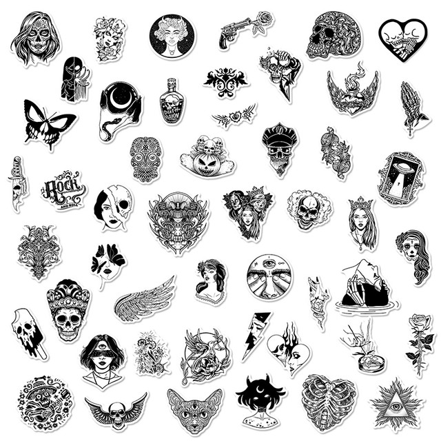 50PCS Goth Stickers Pack Scrapbooking Skull Stickers Black and WhiteVintage  Butterfly Gothic Vinyl Sticker Pack for